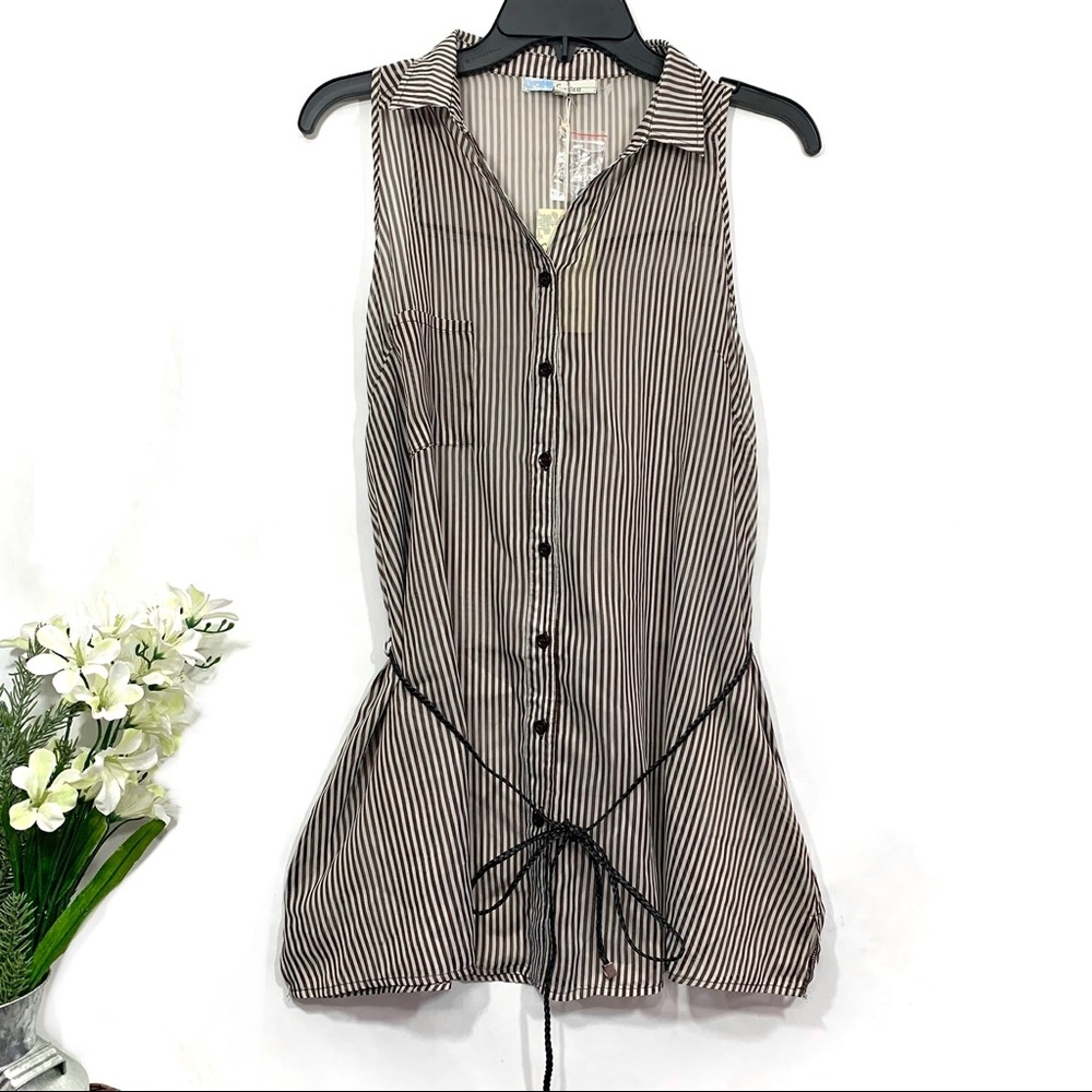 Cecico Women's Brown / Off White Striped Sleeveless Self Tie Sheer Tunic Top NWT